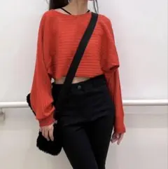 GU クロップドセーター　レッド ストライプ バルーンスリーブ ニット XL