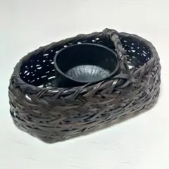 明治期古竹編瓢箪形花籠古木置台網代細工花籠花器花入花生華道具