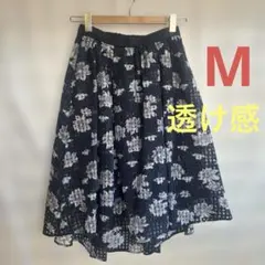 HK 透け感 M 花柄 ネイビー フレアスカート サラサラ感 春夏物 可愛いのサムネイル