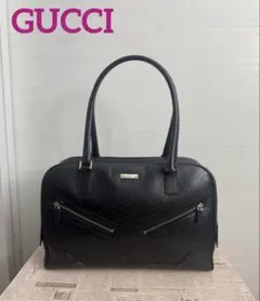【 GUCCI 】 マイクロシマレザー ボストン型ハンドバッグ 黒革