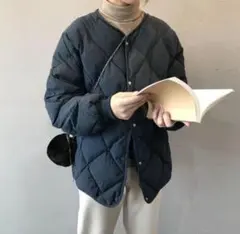 キルティングノーカラー中綿ジャケット　ブラック