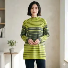 【美品】ボーダーニットセーター チュニック丈 黄緑 ゆったりサイズ　未使用品