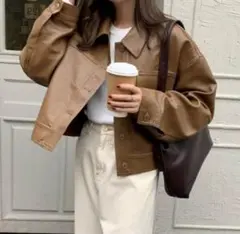 【DHOLIC】ブラウン レザー調ジャケット ショート丈