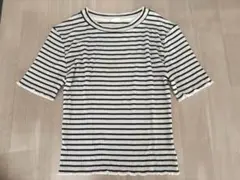GU 白と黒のストライプ 半袖リブ編みTシャツ S