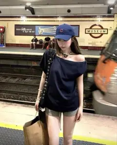 ネイビー オフショルダー Tシャツ S