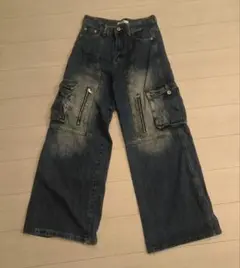カーゴデニムパンツ ダークブルー ワイドフィット