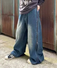 ジッパー付きワイドデニムパンツ Mサイズ