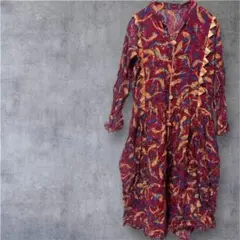 レア✨シャツワンピース 赤・青・黄の柄 チュニック オレンジ 民族 エスニック柄