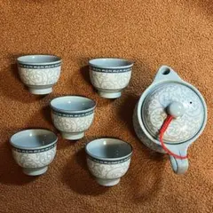 【美品】台湾 宜龍 EILONG 茶器セット 急須 湯呑み5客 水色 唐草模様