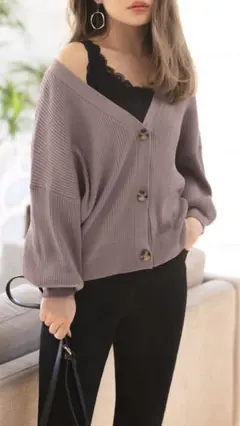 GRL グレイル リブVネックニットカーディガン ブラウン