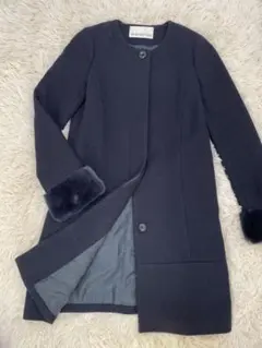 ナチュラルビューティーベーシック　ノーカラーツイードコート　ミディ丈　ネイビーM