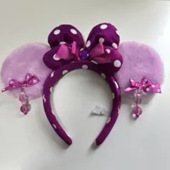 【美品】ディズニー ミニーちゃん カチューシャ イヤリング付き ピンク 紫 水玉