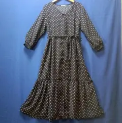 小紋プリントティアードワンピース　フリーサイズ　ネイビー