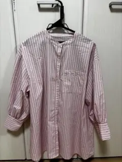 ピンクと白のストライプ長袖シャツワンピース