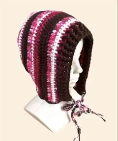 【1点物】 ハンドメイド ボンネット バラクラバ ニット帽 赤 ピンク ブラウン