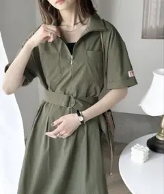 Javaコットンライクハーフジップワンピース (L)カーキ