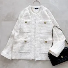 美品 シップス 23年モデル ニットツイードクルーネックカーディガン 金ボタン