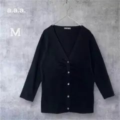 a.a.a. Vネック 五分袖 カーディガン M 黒 ギャザー 薄手 シンプル
