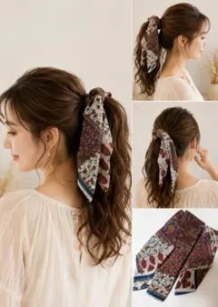 美品　ブラウン　花柄 スカーフ ヘアゴム ヘアアクセサリー リボン 韓国風