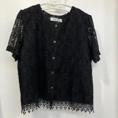 シニア・ミセス 婦人服 黒いレース半袖シャツ　ブラック フォーマル