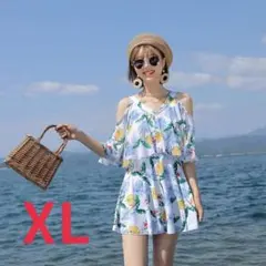 XL 水着 大きいサイズ オフショルダ― パンツ付きワンピ 体系カバー フリル