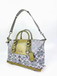 コーチ 2wayハンドバッグ シグネチャー キャンバスレザー カーキーグレー緑系