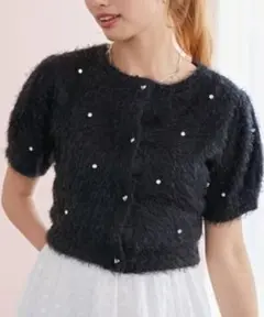 MAJESTIC LEGON ふわふわビジュー　トップス　ハートボタン　黒