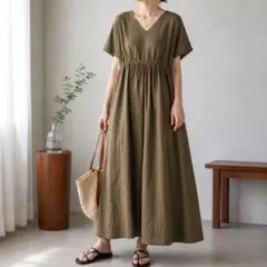 URBAN RESEARCH DOORS リネン Vネック ワンピース M モカ