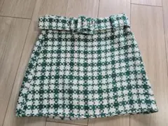 メルカリ最安値✨ZARAツイード風ミニスカート グリーン チェック ベルト付き