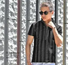 ★未使用美品★半袖ハーフジップストライプシャツ、ブラックホワイト(黒白) L