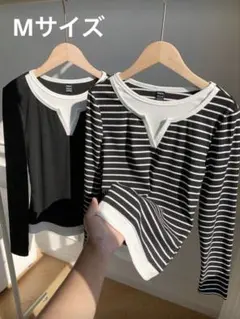 SHEIN レイヤード風トップス　春夏　リブニット　白黒ボーダー　Y2K韓国