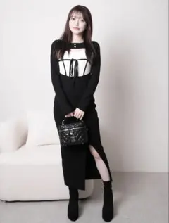 デコルテオープンバイカラーリボンニットワンピース