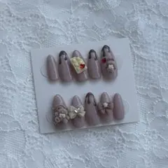 韓国ネイルチップ 冬ネイル ガーリー ワンホン バレンタイン 粘着セット付き