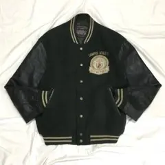 【個性派古着】デザインスタジャン　中綿入り　豪華ワッペン　袖牛革　ツヤあり　L