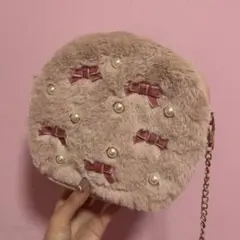 ファー リボン パール 円形ショルダーバッグ　ピンク