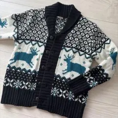 鹿柄 ニットカーディガン タートルネック