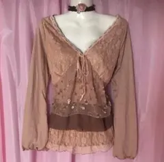 ピンク系レース花柄長袖トップス y2k