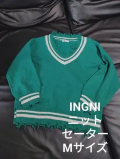 イング Vネック ダメージ加工 ライン ニット セーター グリーン M
