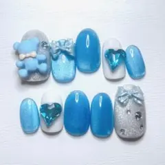 【No.160】ネイルチップ ショートオーバル マグネットネイル クマ ガーリー