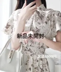 mily bilet ウエストシャーリングボウタイ花柄フリル袖ワンピース