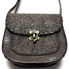 カービング デザイン エンボス ショルダーバッグ レザー ブラウン 花柄 植物柄