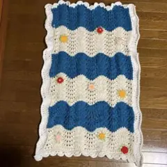 手編み　波模様 花刺繍 ブランケット　膝掛け　マルチカバー