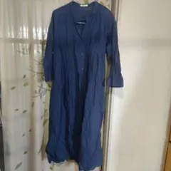 earthe ネイビー 七分袖シャツワンピースフリースサイズ