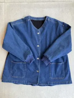 デニム ノーカラージャケット 裏フリース M-L