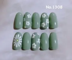No.1308 ネイルチップ くすみグリーン　お花　白　緑　春