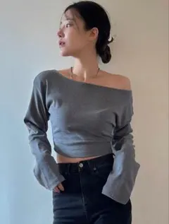 オフショルダーグレークロップドトップス