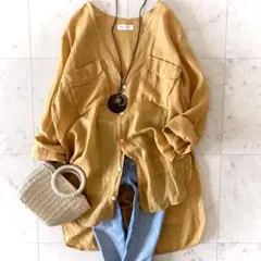 美品 マカフィー MACPHEE リネン Ｖネックブラウス 洗える マスタード