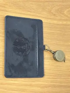 s*3様 スターバックス　レザー パスケース 黒 リール付き　ネックストラップ付