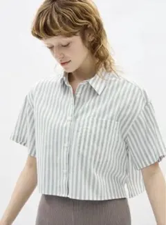 GU リネンブレンドクロップドシャツ グリーン