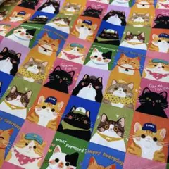 新仕様　1㍍長猫ちゃんの小パネルのシーチング綿プリント生地ハギレ布